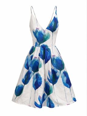a'gaci White Midi Dress with Blue Floral Print